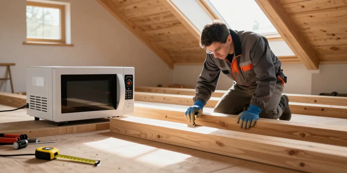 Shashel microwave treatment eliminating woodworms in a bright attic, showcasing chemical-free wood protection.