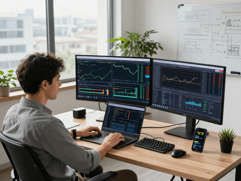 使用metatrader 5进行交易的现代办公环境，显示交易图表和统计数据