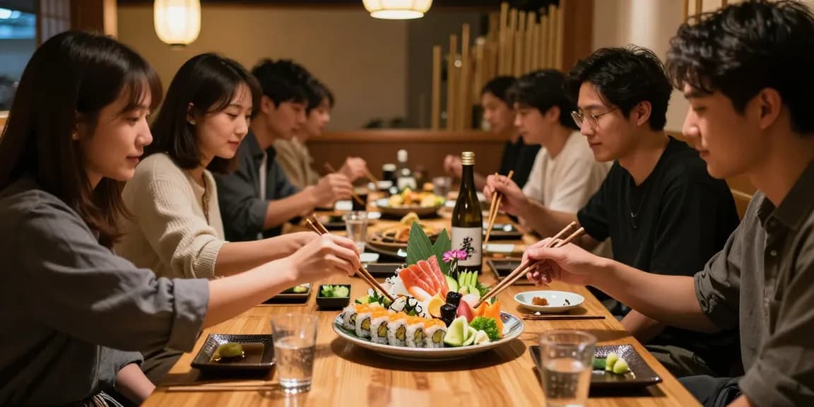 Rokok88 daftar sushi dining experience with friends sharing colorful sushi platter and drinks in a lively restaurant setting.