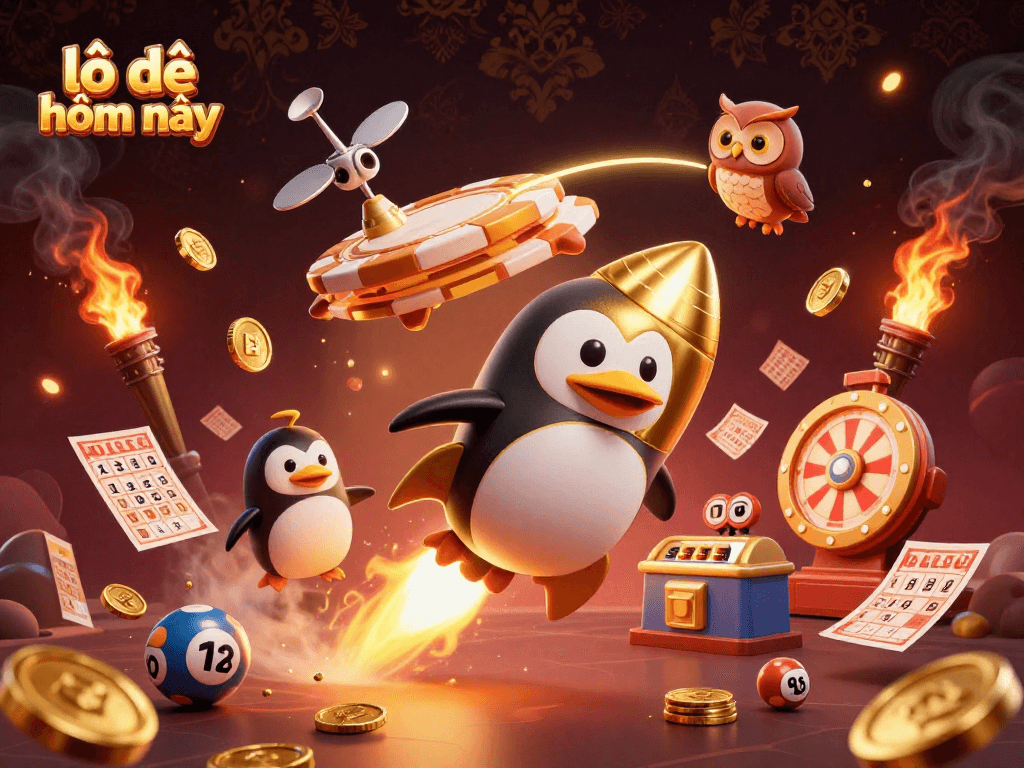 Win big with lô đề hôm nay - a dynamic scene of a golden penguin and lottery elements in space.