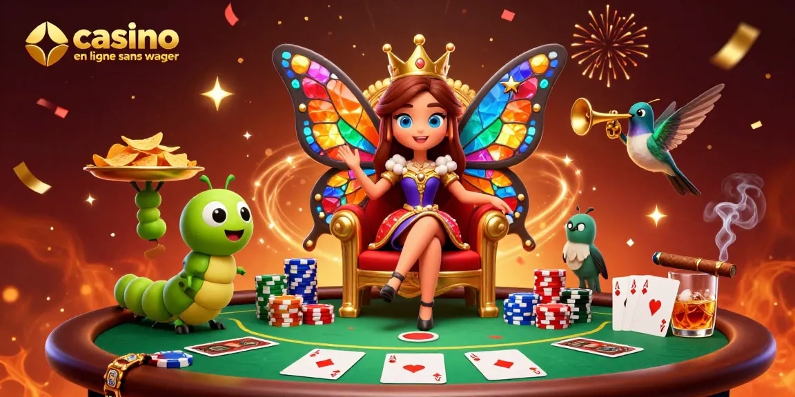 Une illustration 3D représentant un casino en ligne sans wager avec une reine papillon et des éléments de poker colorés.