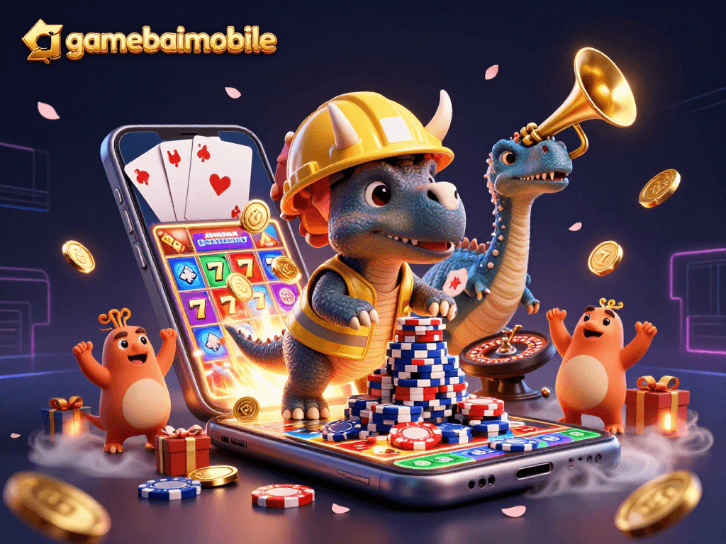 Gamebaimobile features a 3D cartoon triceratops building poker chips, celebrating with a parasaurolophus.