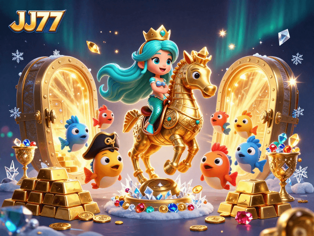 Experience the magic of JJ77 with a mermaid riding a seahorse in a dynamic casino treasure scene