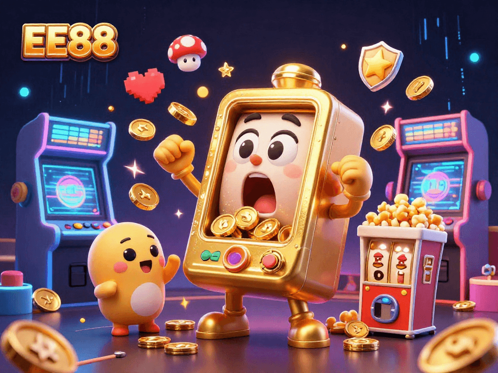 Engage in thrilling excitement with EE88 as a golden slot machine celebrates its jackpot.