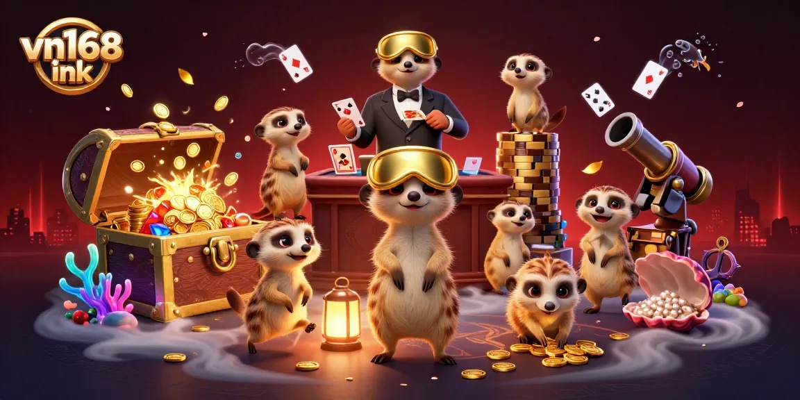 Engage with vn168 ink's vibrant online casino experience featuring playful meerkats and dynamic gaming elements.