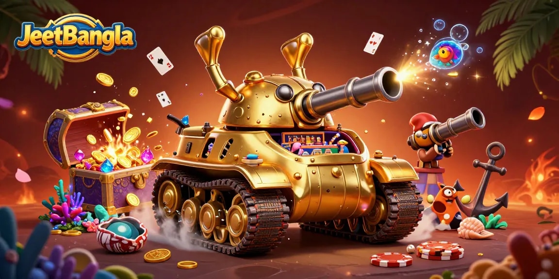 JeetBangla features a vibrant gaming scene with a golden beetle tank showcasing a casino, surrounded by playful underwater elements.