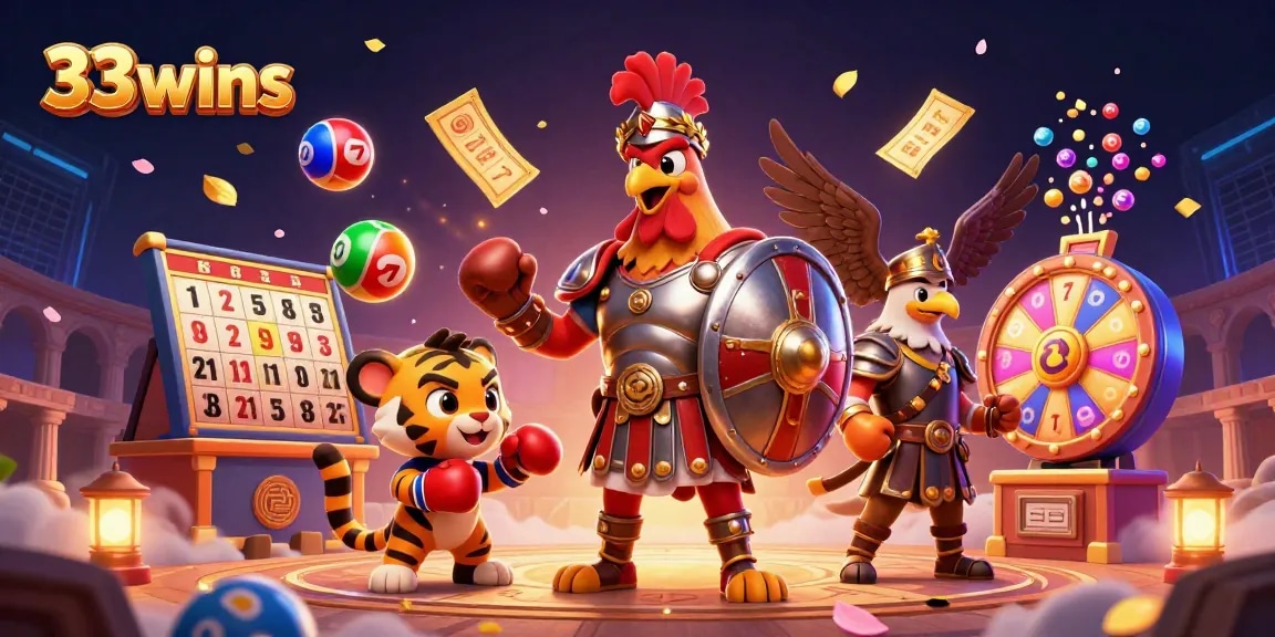 Experience the thrilling excitement of 33wins in an action-packed gaming scene with vibrant casino elements.