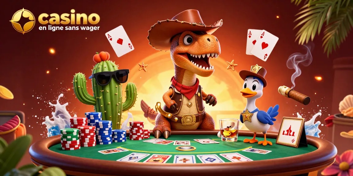Adoptez une stratégie gagnante au casino en ligne sans wager avec une illustration dynamique d'un T-Rex et ses amis.