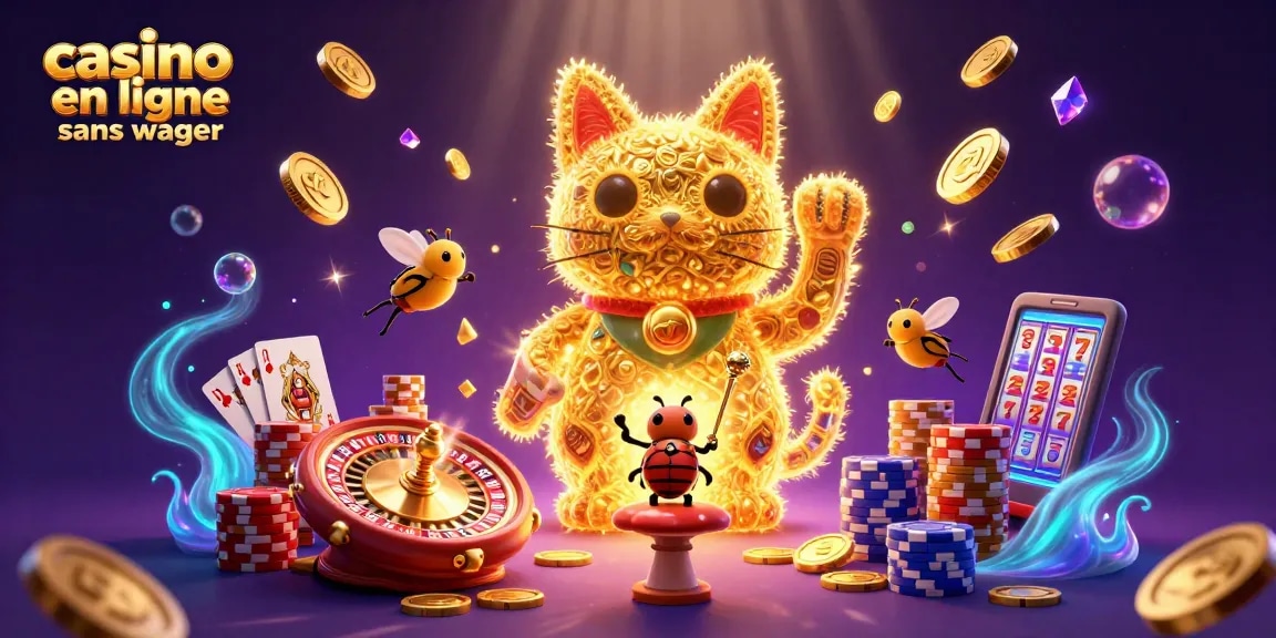 Jeu de casino en ligne sans wager avec un chat porte-bonheur formé de lucioles dorées.