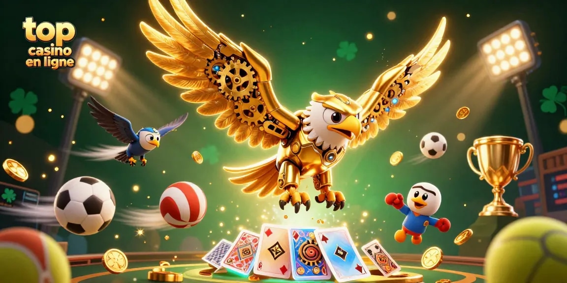 Visuel captivant de top casino en ligne avec des éléments de jeux et un aigle cybernétique en pleine action