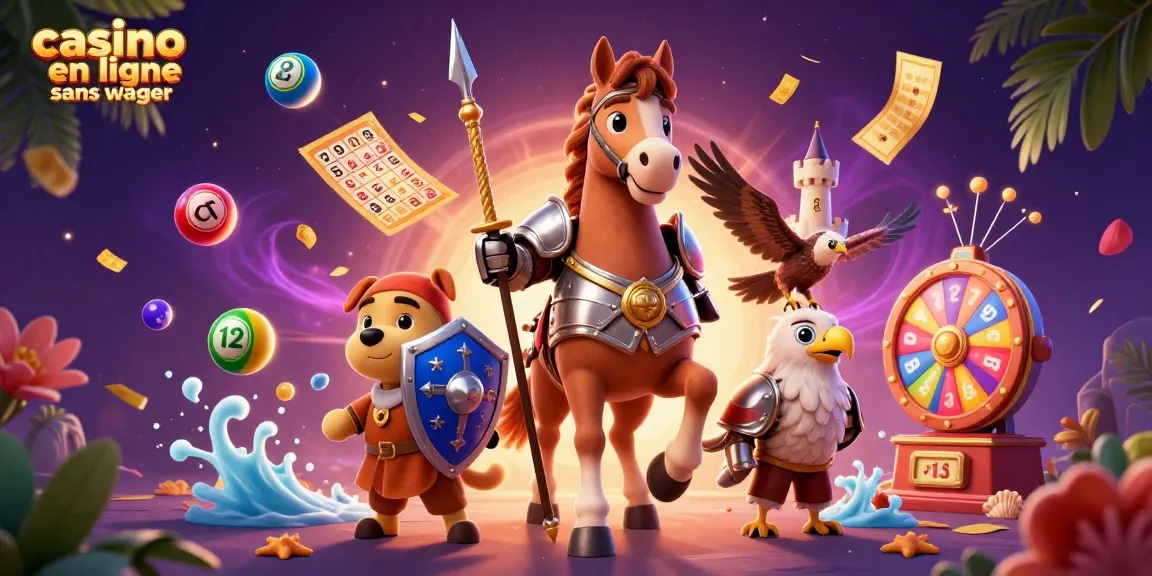 Illustration représentant un casino en ligne sans wager, avec des éléments de jeux colorés en pleine action.