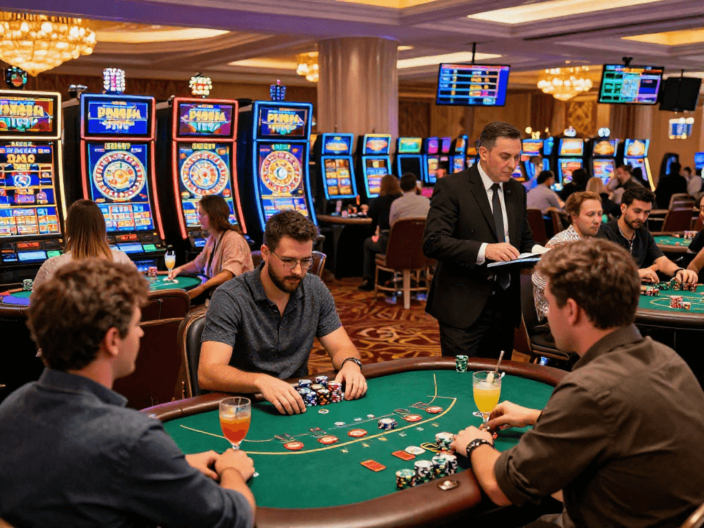 Exciting gaming experience at a non-UK casino showcased on https://ghsc.co.uk with vibrant players at slot machines and tables.