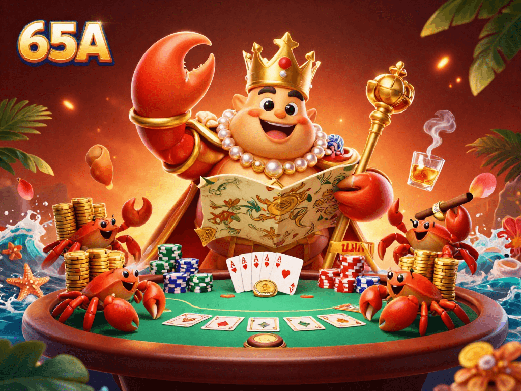 Aposte no cassino virtuais 65A com um imperador caranguejo dourado rodeado por suas riquezas.