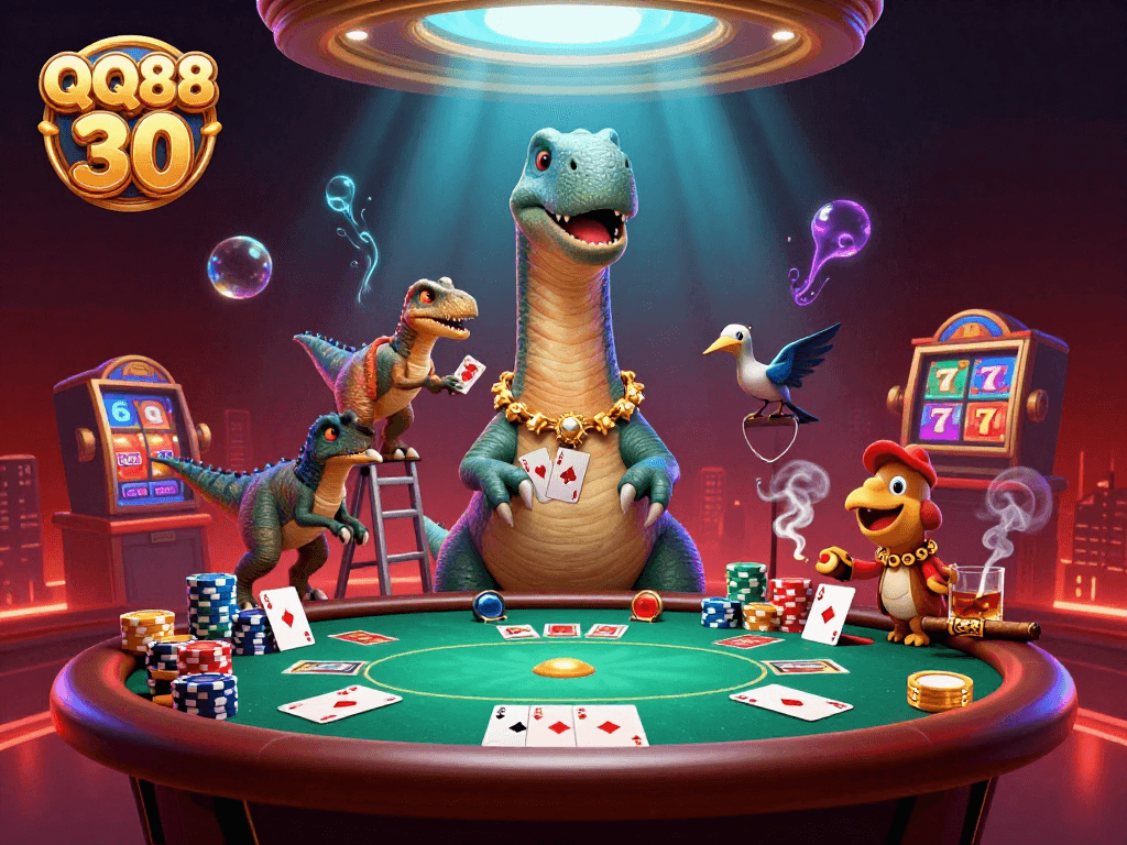 Engage with QQ88 30 at a lively casino scene showcasing fantastical interactions and poker elements.