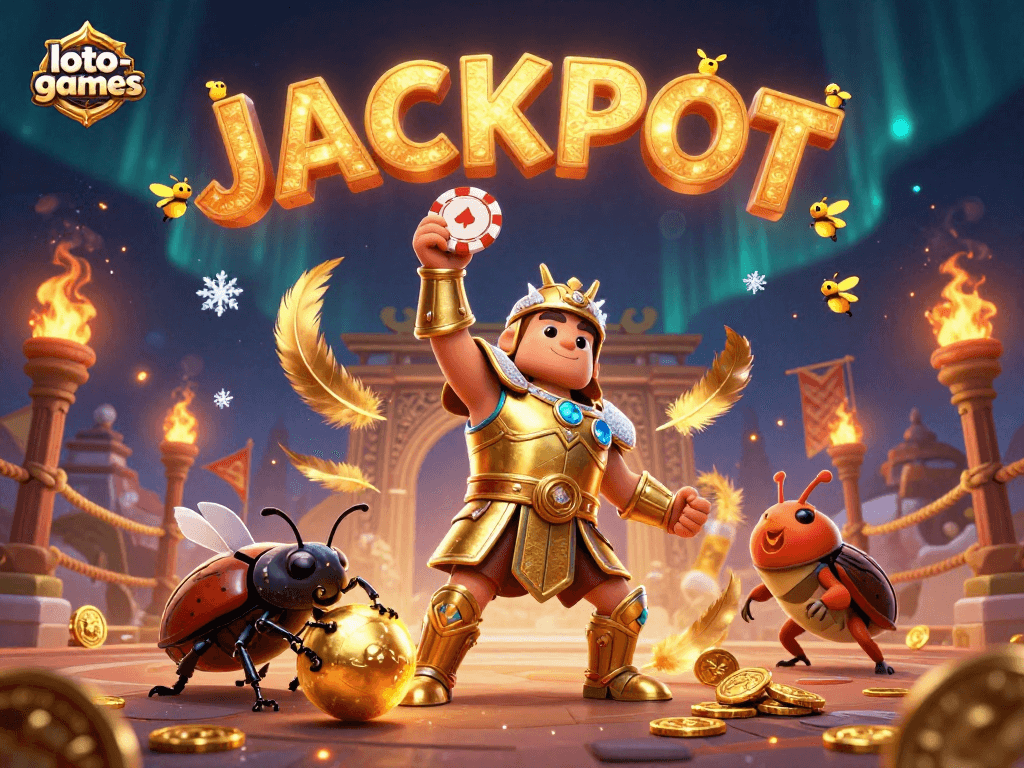 Lifting a poker chip in triumph, the loto-games beetle celebrates jackpot wins amidst dynamic casino elements.
