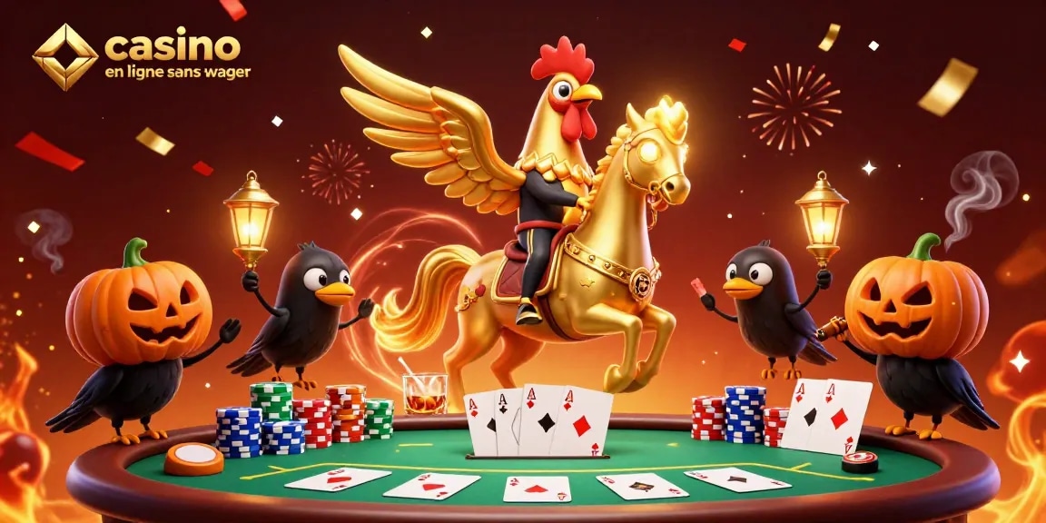 Illustration dynamique de casino en ligne sans wager avec un coq doré et des corbeaux lampion.