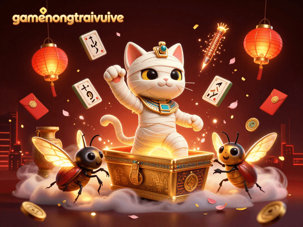 Experience the excitement of gamenongtraivuive with a dynamic 3D illustration featuring a mummy cat and lucky symbols.