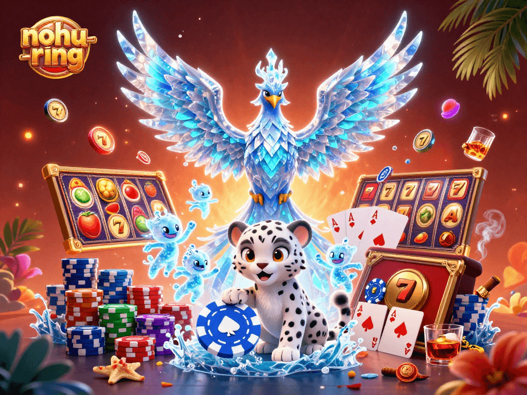 Spin the reels in nohu-ring with an ice phoenix and poker chip amidst a vibrant casino scene