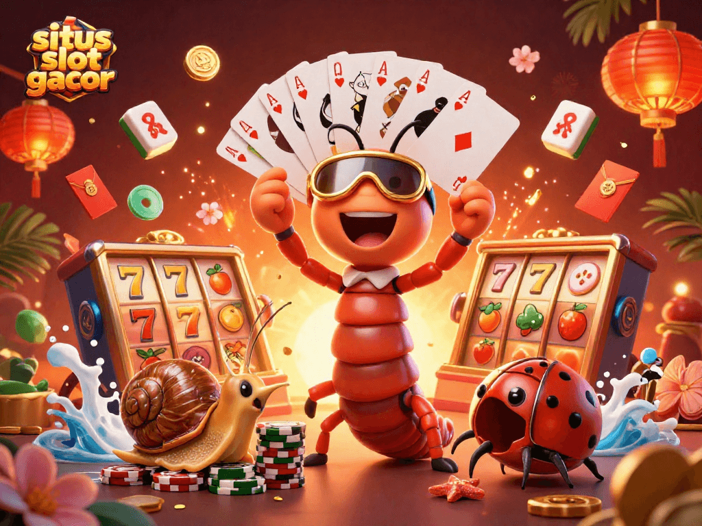 Experience excitement at situs slot gacor with a vibrant casino scene filled with card-dealing characters.
