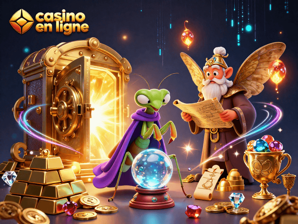 Jouer au casino en ligne avec des personnages mystiques et des éléments de trésor scintillants.