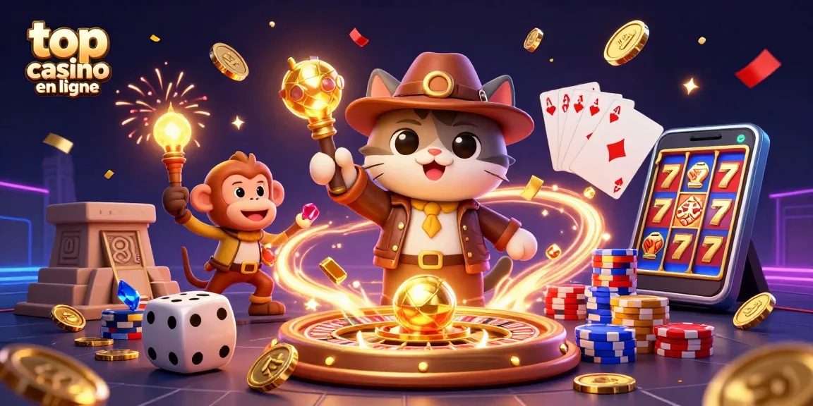 Gagnez avec les meilleurs casinos en ligne : illustration d'un chat archéologue découvrant un artefact de casino doré.