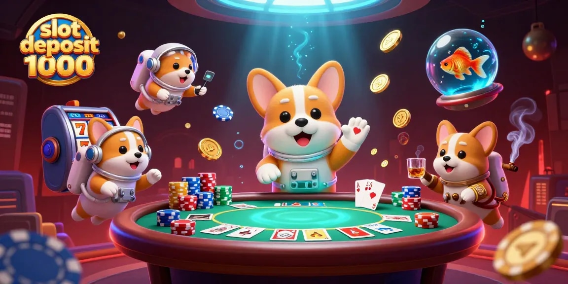 Engage with exciting slot deposit 1000 offers featuring lively characters in a dynamic casino scene.
