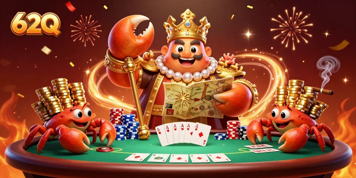 Aposte com 62Q e seja premiado em um emocionante cenário de cassino com um imperador caranguejo e fichas de ouro.
