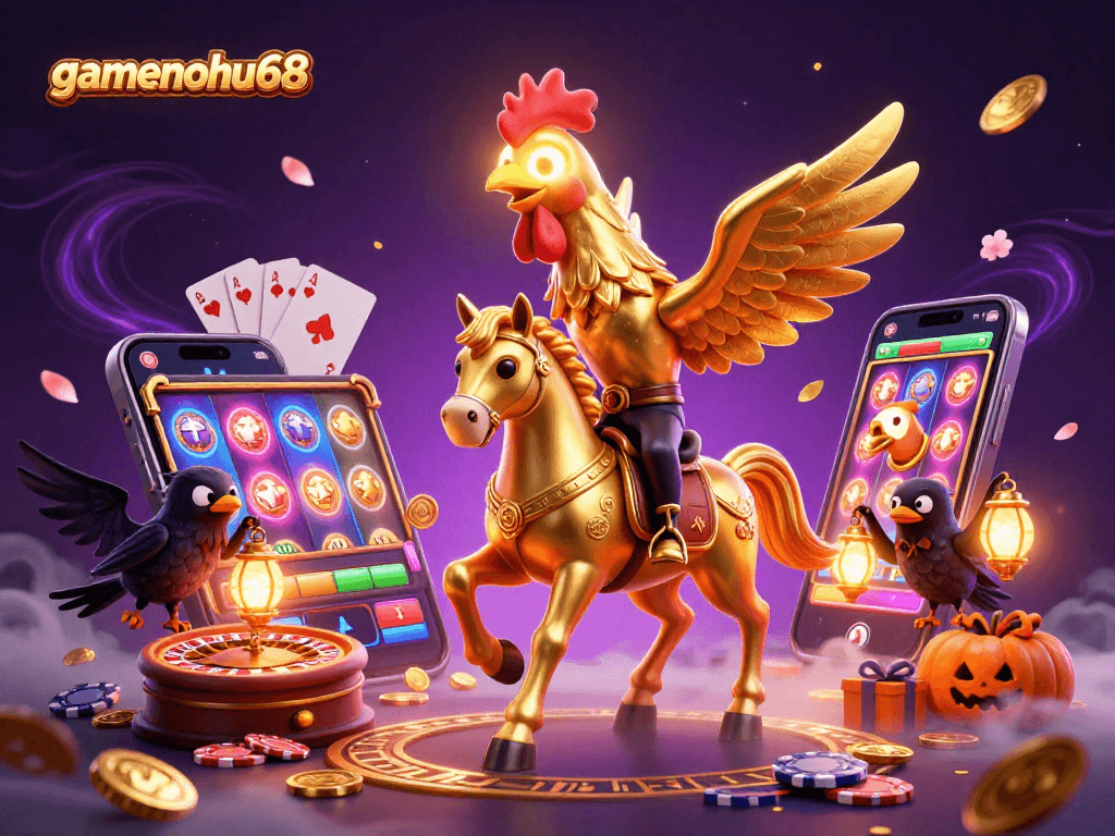 gamenohu68 showcases an engaging casino scene featuring a golden rooster riding a spectral horse amid dazzling gaming elements.