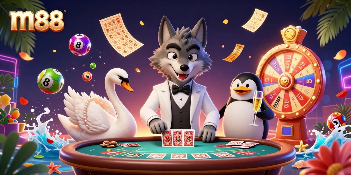 Engage in thrilling games with m88, as a wolf, swan, and penguin showcase exciting casino activities.