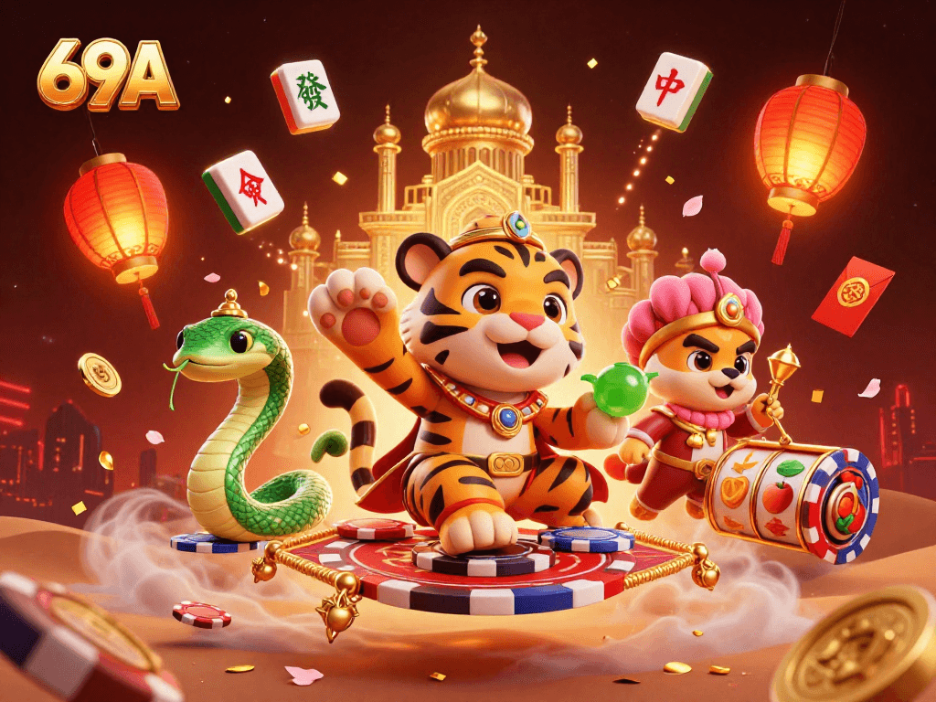Aumente suas chances com 69A em um espetáculo de cassino repleto de slots e símbolos aventureiros.