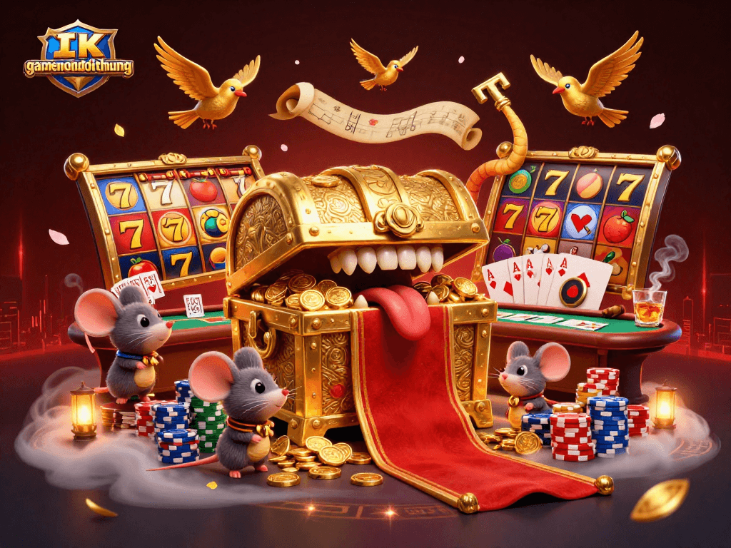 Experience the thrill of gamenohudoithuong with vibrant slot reels and a treasure chest of riches.