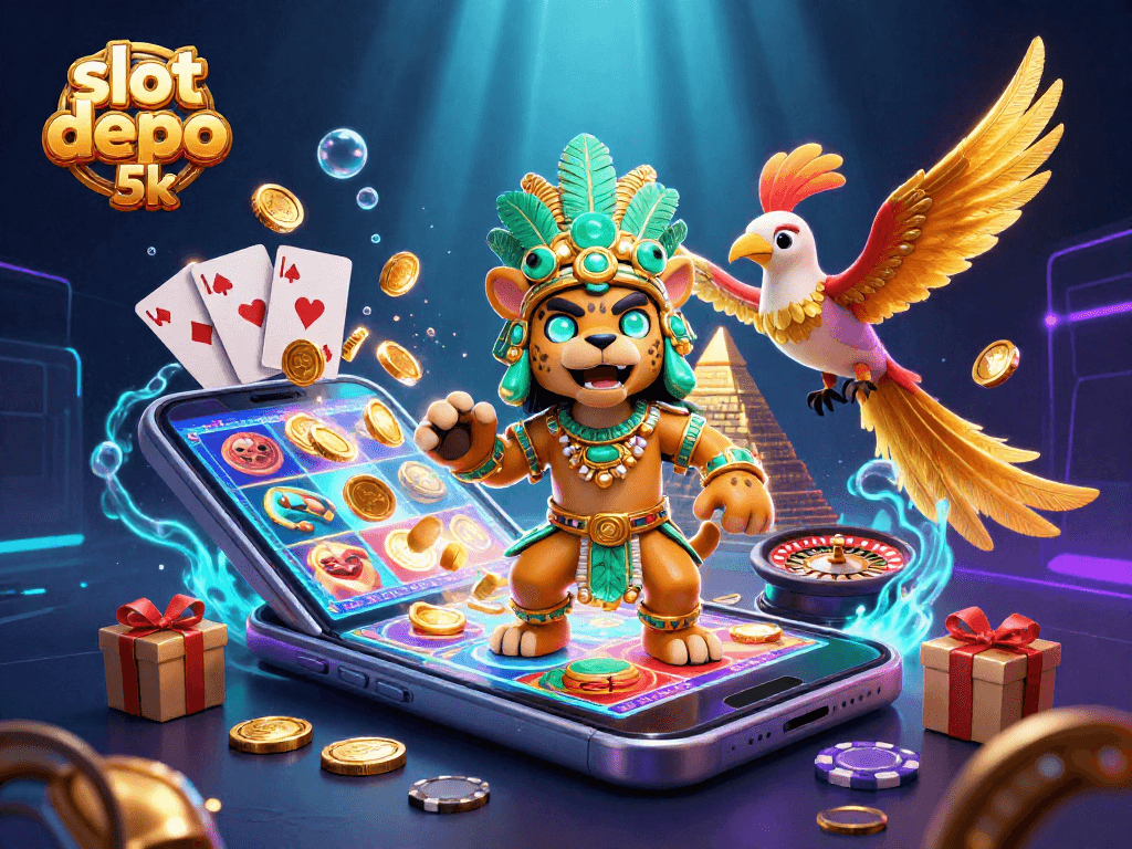 Spin the reels with slot depo 5k in this vibrant, action-packed 3D casino scene