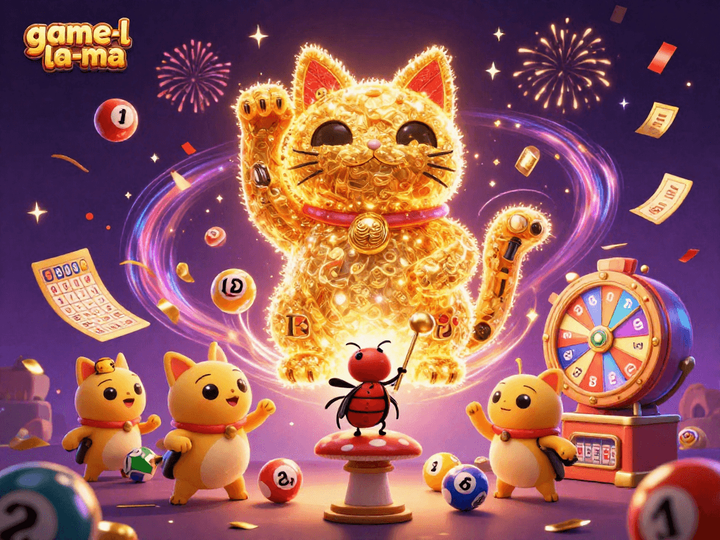 Win big with game-la-ma as a golden lucky cat ushers in vibrant casino excitement.