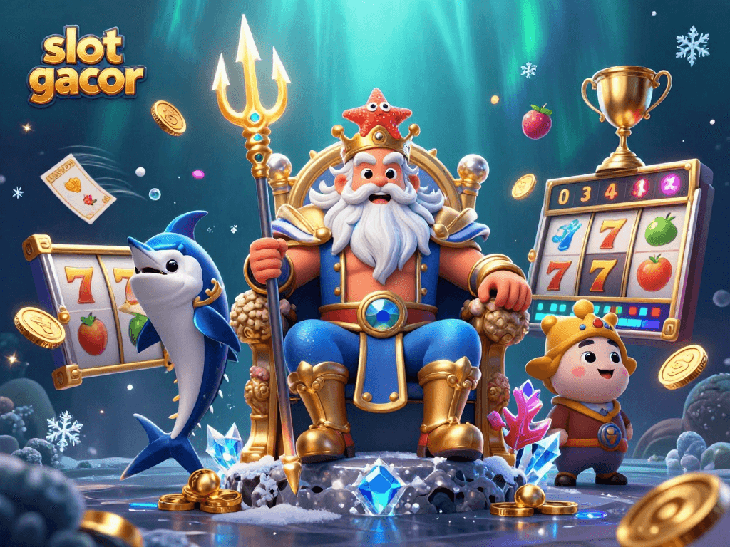 Experience the excitement of slot gacor with a vibrant underwater casino scene featuring Neptune.