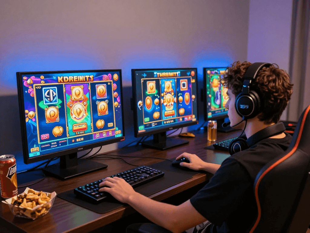 Player experiencing excitement with agen gacor slot games in a vibrant atmosphere