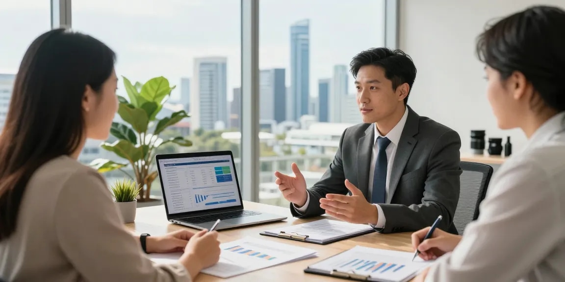 Financial Advice Gold Coast consultation with couple in a modern office.