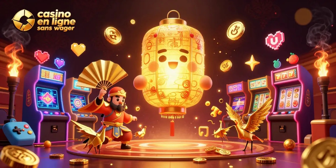 Illustration captivante avec des lanternes dorées représentant un casino en ligne sans wager, remplie de symboles de chance.