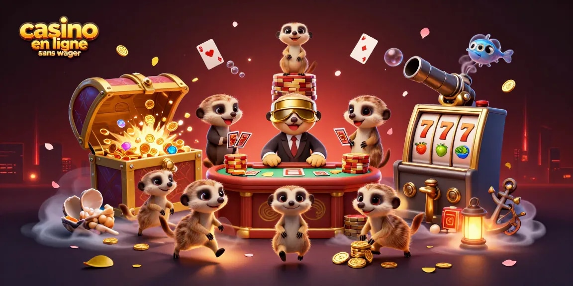 Promotion d'un casino en ligne sans wager avec une illustration colorée de suricates animés.
