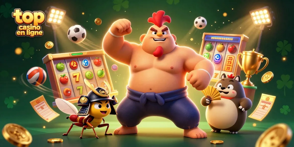 Image dynamique des meilleurs casinos en ligne avec un coq sumo, un criquet samouraï, et des éléments de machines à sous.