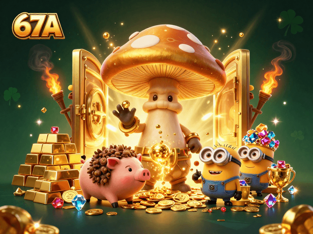 Atraia jackpots no 67A com o grande wizard de cogumelo dourado cercado por tesouros e minions