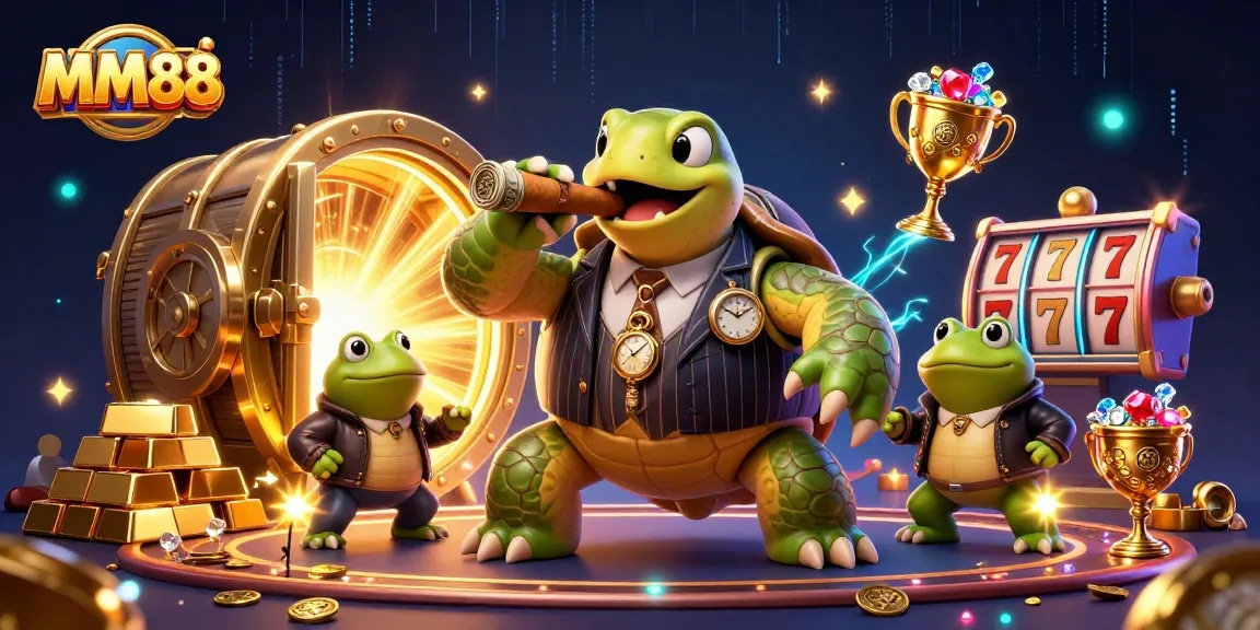 Experience the thrill of MM88 with a stunning 3D illustration showcasing a turtle mobster and gamblers.
