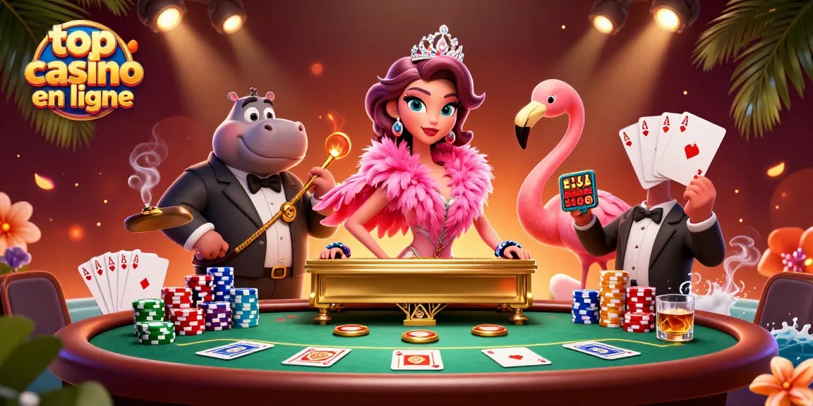 Vivez l'excitation des jeux avec la chanteuse flamant et le bassiste hippo dans un top casino en ligne.