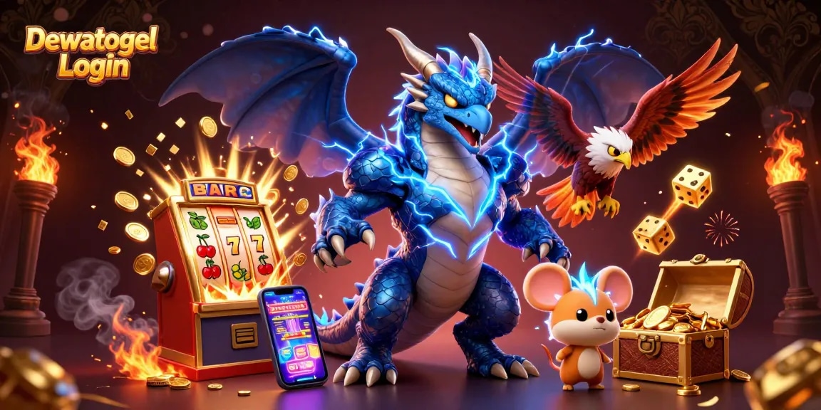 Engage in thrilling gameplay with Dewatogel Login, showcasing vibrant casino elements and fantasy characters.