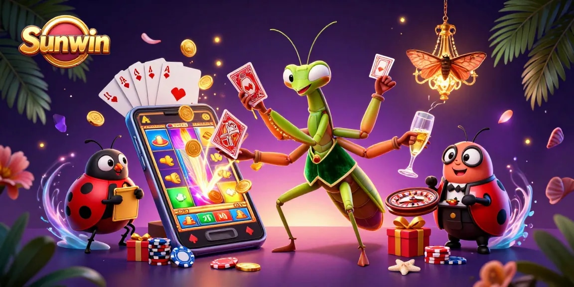 Engage with Sunwin's thrilling gaming scene featuring a colorful slot game and casino characters.