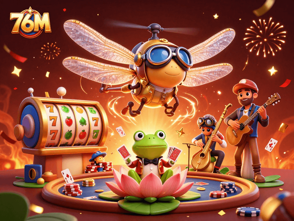 Jogadores celebram no cassino 76M, enfrentando desafios de cartas e slots.