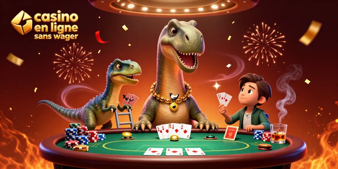 Un casino en ligne sans wager avec un brontosaurus et un raptor jouant aux cartes