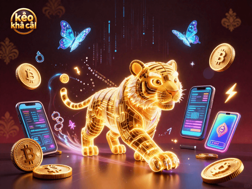 Place bets on kèo nhà cái with an energetic 3D casino illustration featuring crypto motifs.