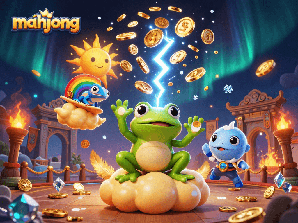 Activate exciting mahjong gameplay with a storm of golden coins in this vibrant scene.