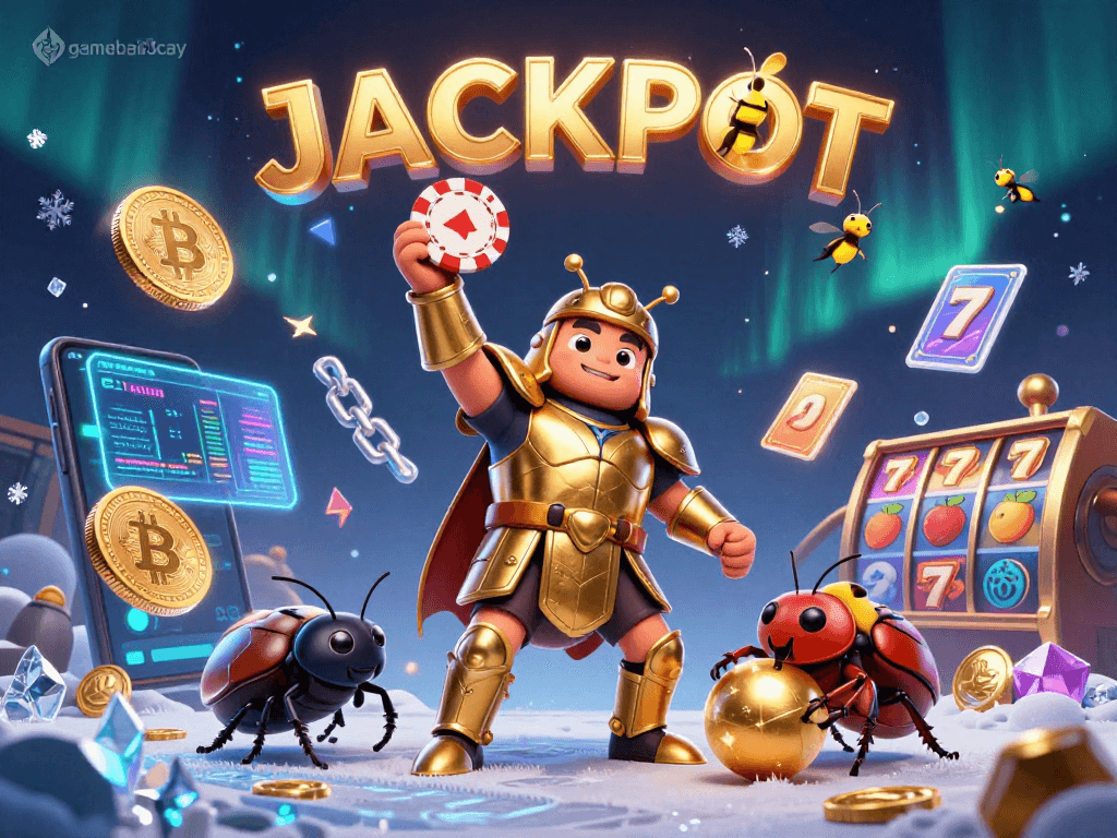 Engage with gamebai3cay's thrilling slot adventure where victory is represented by a heroic beetle lifting a poker chip.