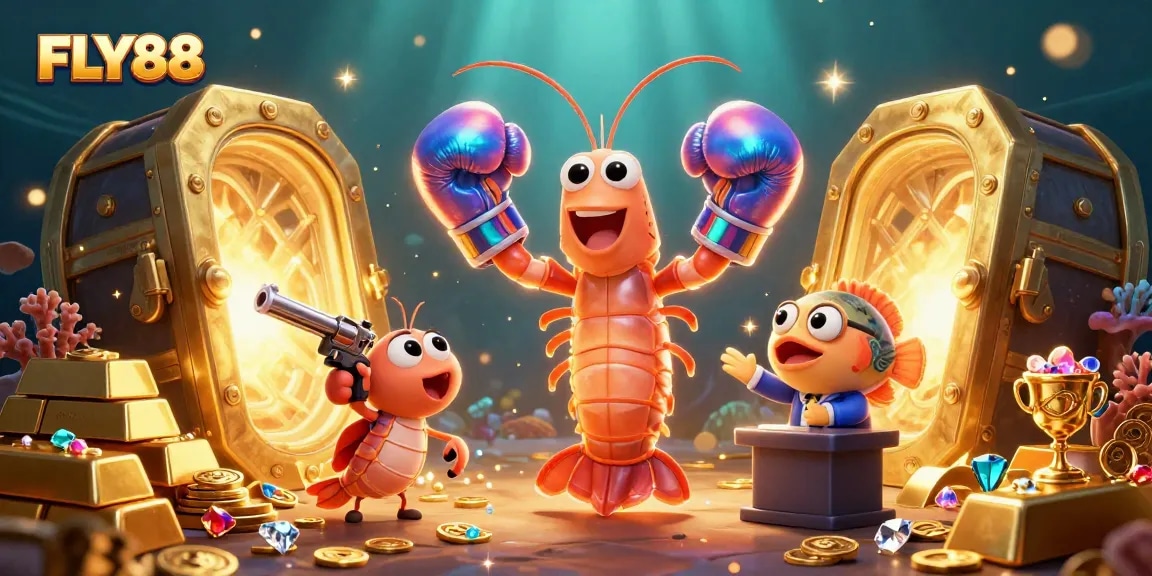 FLY88 showcases a vibrant 3D cartoon scene of gambling excitement with colorful characters and casino treasures.